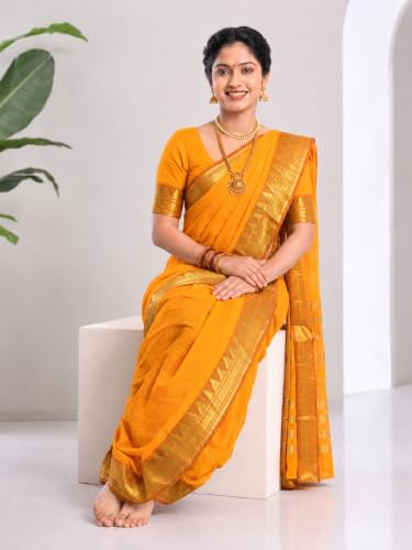 Image of Mom and Me Women Ready to Wear Nauvari Saree, Maharashtrian Peshwai Paithani, 9 Yard Readymade, Acrylic Cotton, Free Size, Traditional Ethnic Saree, with Blouse Piece