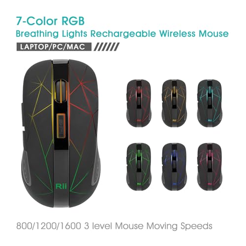 Rii Kabellose Funkmaus, 2.4G Optische Maus Mit USB Nano Empfänger, 7 LED Beleuchtung für Windows/Mac/Linux, Office Home, Schwarz