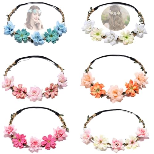 AKJAXQU 6 Pcs Diademas de Flores, Multicolor Elástica Coronas para el Pelo, Bandas para el Cabello para Mujeres, Niñas, Fiestas, Bodas