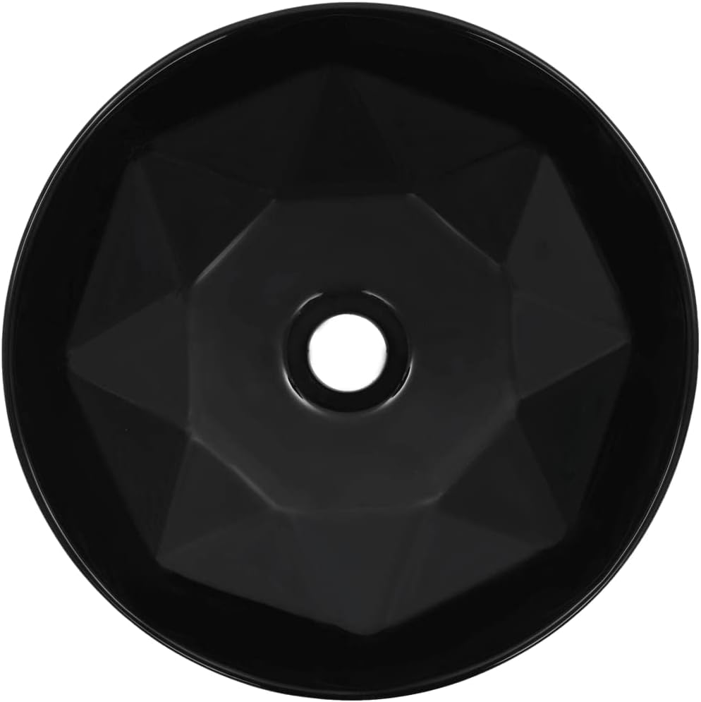 vidaXL Ceramic Wash Basin - Round Black Sink with Diamond Design, 14.2x5.5 Inches, Gloss Finish, Vessel for Bathroom, Powder Room and Cloakroom - Elegant Installation Addition