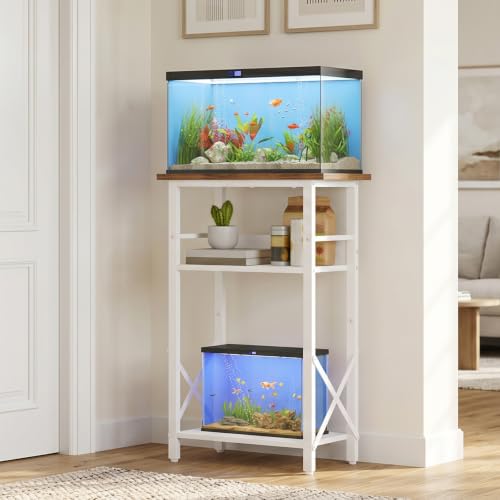 Image of HOOBRO 10 Gallon Aquarium Stand, 3-Tier Fish Tank Stand with Storage, Reptile Turtle Tank Stand with Metal Frame, 20.5 inch L x 11 inch W, Walnut and White WH52FT01