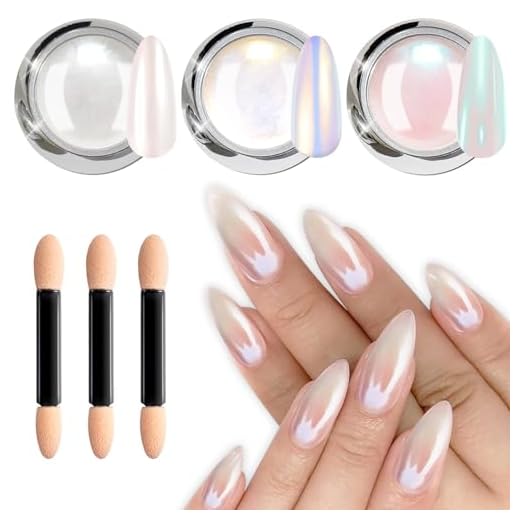Polvo Uñas Efecto Perlado BISHENGYF - 3Pcs Polvos Efecto Espejo Uñas Blanco Aurora, Polvo Cromado Transparente para Uñas Purpurina Powder Pigmento Metalizado Rosquilla Glaseada - Arte Nail DIY-Salon