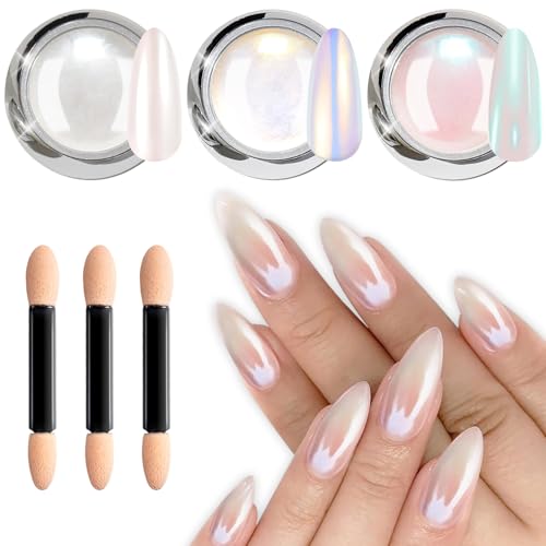 Polvo Uñas Efecto Perlado BISHENGYF - 3Pcs Polvos Efecto Espejo Uñas Blanco Aurora, Polvo Cromado Transparente para Uñas Purpurina Powder Pigmento Metalizado Rosquilla Glaseada - Arte Nail DIY-Salon