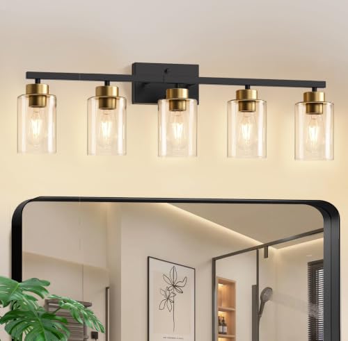 Image of IZORRO Bathroom Light Fixtures, Modern Vanity Lights, Bathroom Lighting Fixtures Over Mirror with Clear Glass Shade, Wall Sconce for Living Room Cabinet Bedroom (Black and Gold, 5-Light)
