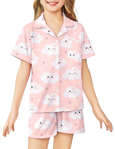 Image of Arshiner Girls Pajamas Sets Short Sleeve Kids Pjs Button Down Sleepwear | Cute Printed Pajamas for Little & Big Girl, Lightweight Comfy Fabric, 2-Piece Outfits, Perfect for Lounge Pajamas Party