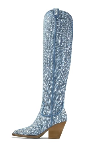 Atuelang Women's Rhinestone Cowboy Boots Sparkly Knee High Boots Fashion Pointed Toe Block Heel Mid Calf Cowgirl Short Ankle Booties