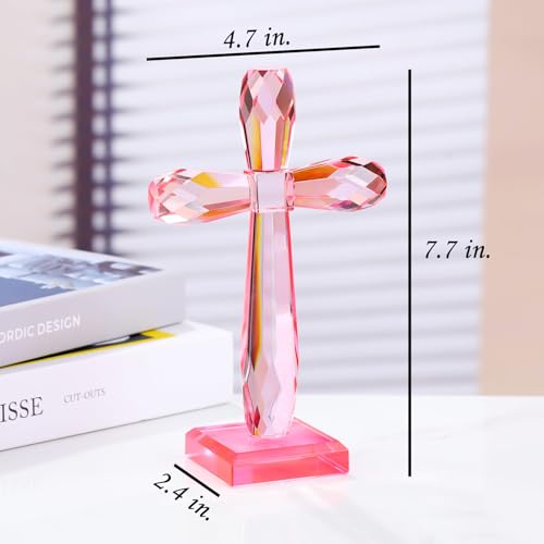 Image of YWHL Handmade Pink Crystal Standing Cross Decor, Religious Cross Gifts