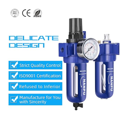NANPU 1/2" NPT Compressed Air Filter Regulator Lubricator (FRL), Zinc Alloy, 5 Micron Brass Element, 0-150 psi Gauge, Quick Release Bowl, Manual Drain, Metal Bracket