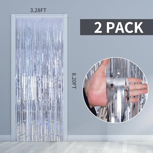 Image of Silver Party Decorations Backdrop Curtains 2Pack - 3.3x8.2FT Silver Backdrop Photo Booth Props Fringe Curtains - Tinsel Curtains Birthday Decorations Streamers Party Supplies