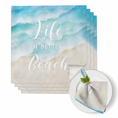 Blue Waves Cloth Linen Dinner Napkins 4 Packs, Summer Beach