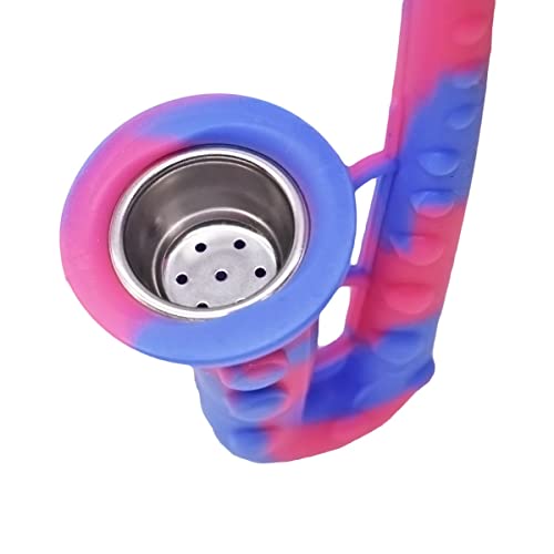 Image of Kookee Silicone Unbreakable Saxophone Smoking Pipe, Tobacco Pipes with Steel Bowl, Blue and Pink