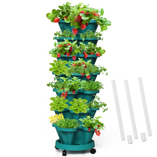 Tectsia Strawberry Vertical Planters Tower Garden, 7 Tiered Stacking Herb Vegetable Planter with Support Pole Indoor and Outdoor - Hunter Green
