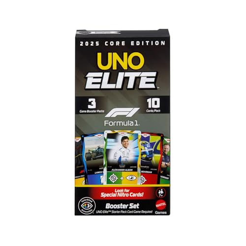 Mattel Games UNO Elite Formula 1 Booster Set 2 Pack with 60 Elite Action Cards 2025 Core Edition JLV45