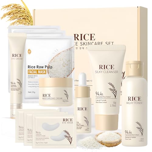 11 Piezas Rice Skincare Kit, Kit Skincare Facial Mujer Completo, Skin Care Set con Rice Toner, Crema Facial, Serum, Cleanser, Eye Cream, Eye Patches, Mascarillas Faciales, para Revitalizar la Piel