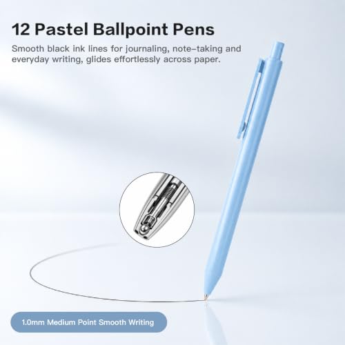 WY WENYUAN 12-Pcs Ballpoint Pens, Comfortable Writing Pens, Pastel Retractable Pretty Journaling Black Ink Medium Point 1.0 mm Gift Pen, Cute Pens Office Supplies for Women
