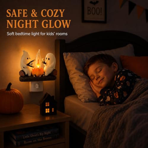 Ghost Campfire Night Light, Plug-in Wall Flickering Flame Nightlight, Halloween 3D Cute Spooky Marshmallow Ghost Decoration for Bedroom, Spooky Season Home Halloween Decor for Kids Adults - Image 4