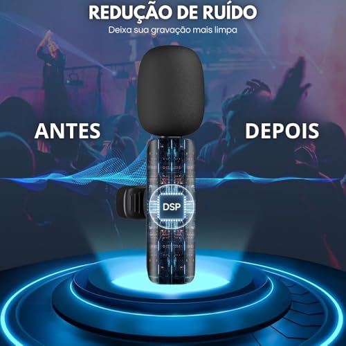 Microfone Lapela Sem Fio 2 unidades Tipo USB-C Compatível com Android Samsung Xiaomi Redução de Ruíd