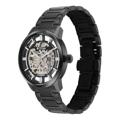 Image of Titan See-Through Skeletal Automatic Analog with Black Dial Black Stainless Steel Strap Watch for Men - 90220NM01