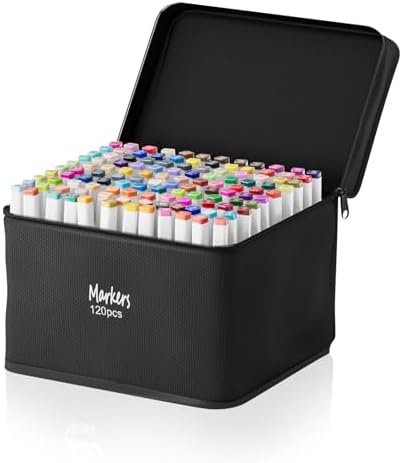 Alcohol Markers, 120 Colors Dual Tip Markers Broad Brush Tip and Fine Tip, Marker for Coloring Drawing Painting Art, Alcohol Marker Set with Case for Adults Kids (White Barrel)