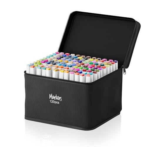 RUN HELIX Alcohol Markers 120 Colors Dual Tip Markers Broad Brush Tip and Fine Tip Marker for Coloring Drawing Painting Art Alcohol Marker Set with Case for Adults (White Barrel)