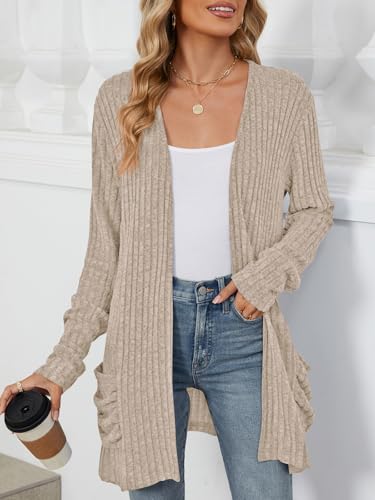Image of Les umes Womens Open Front Lightweight Knit Cardigans V Neck Loose Long Sleeve Sweaters with Pockets