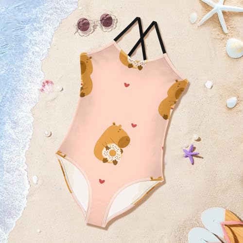 Girls One Piece Swimsuits Capybara with Donut and Coffee Sport Halter Swimwear Beach Bathing Suit, 3T4