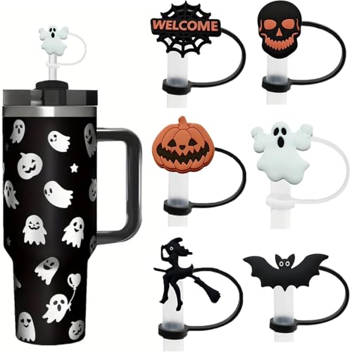 Qylazune 6 pcs Halloween Straw Cover Toppers Cup Set of Includes Pumpkin Skull bat Witch Welcome Web and Ghost Designs Festive Silicone Straws Leak Proof Covers to add Fun to Your Drink!