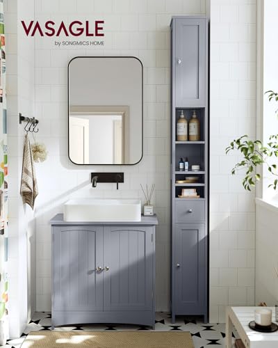 Image of VASAGLE Tall Bathroom Cabinet, Slim Freestanding Bathroom Storage Cabinet with Adjustable Shelves, Drawer, Open Compartments, for Small Spaces, Modern, Dove Gray UBBC765G02