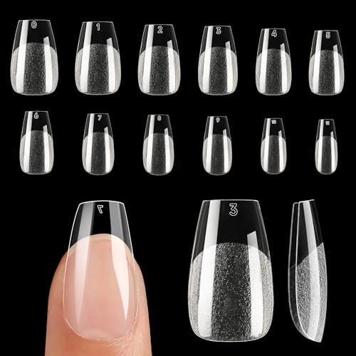 Image of UNA GELLA Short Coffin Gel Nails Tips 12 Sizes 120Pcs Pre-etched Full Cover | Half Matte Soft Gel Nail Tips Acrylic Clear False Nails for Nail Extensions DIY Salon Long Lasting