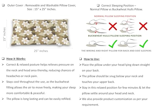 Image of Buckwheat Hulls Pillow | Standard Size | 15 inch x 25 inch inch | Pillow for Neck Pain | Shoulder Pain | Back Pain | Other Sleeping Problem | (Brown - Flower Print)