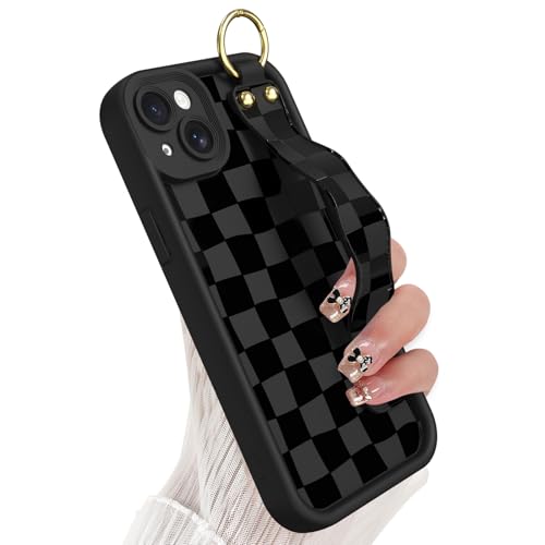 Coque iPhone 15 Plus à carreaux noirs avec dragonne et support en silicone pour femme