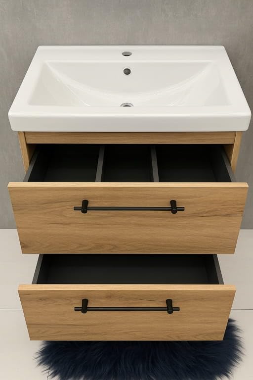 .Deftrans Szafka pod umywalkę 60 x 80 cm z umywalką – szafka łazienkowa dąb Craft, stojąca z 2 szufladami, miękkie zamknięcie, mebel łazienkowy z armaturą umywalkową