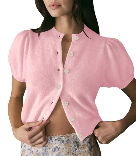 Image of Womens Puff Short Sleeve Cardigan Sweaters Cropped Button up Lightweight Y2k Knit Summer Cardigans