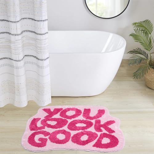 Image of Zeeinx You Look Good Bath Mat Non Slip Microfiber Absorbent Cute Bathroom Decor for Apartment Pink Bath mat for Tub and Shower, Machine Washable, 25'x21'