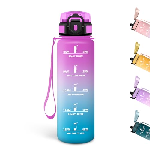 Motswedi Botella Agua Niños, 500ml, a Prueba de Fugas, Cantimplora, Sin BPA, Botella Agua Gimnasio, con Marca de Tiempo, Cantimplora Infantil para Gym, Bicicleta, Yoga, Oficina, Rosa rojo & cian