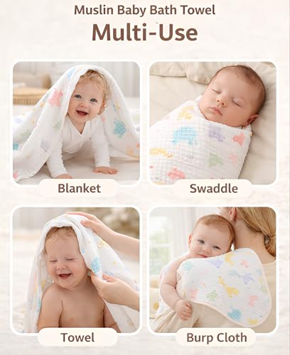 Image of Large Cotton Muslin Baby Bath Towel Super Soft Bathing Towel for Newborn Highly Absorbent, Kids Boys and Girls Size 60 x 120 cm Multicolor (Print May Vary)