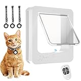 Smart Cat Door for Interior & Exterior, Cat Pet Door with 3 Collar Sensor Keys & 1 Remote Control & 4 Way Locking Cat Flap with RFID Collar Activated Opening Cat Door (White)