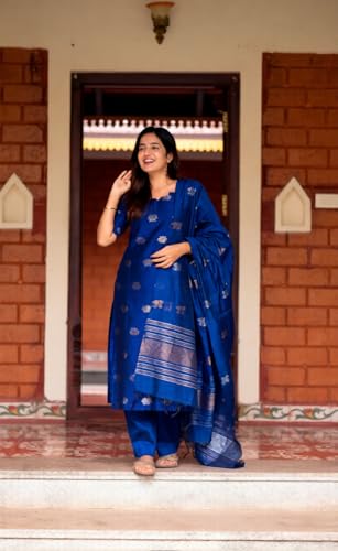 Image of Women's Cotton Silk Kurta Set with Dupatta | Embroidered Straight Kurti with Matching Pants | Traditional Ethnic Wear Suit for Festive, Casual & Office Wear