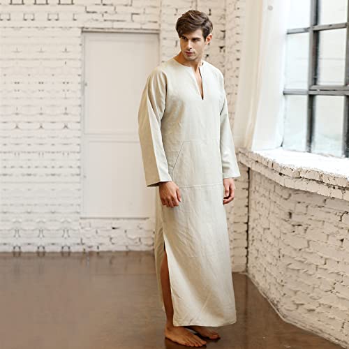 7 VEILS Men’s Natural Linen Robe Casual Caftan Cotton Thobe V Neck Long Gown Kaftan Nightshirt Loungewear…2