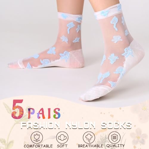 Image of Campsis Sheer Socks Flower Lace Sock Ruffle Sheer Ankle Socks Floral Nylon Sock for Women and Girls(5 Pairs)