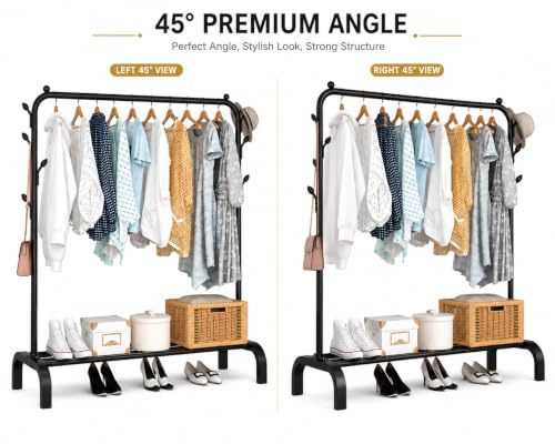 Image of Metal Multifunctional Heavy-Duty Quality Garment Stand Cloth Rack Freestanding Storage Organizer with Bottom Shelves Adjustable Folding Single Pole for Living Room