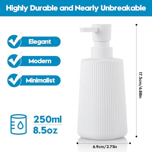 Image of Small Soap Dispenser for Bathroom and Kitchen, Modern Farmhouse Striped Style Plastic Hand Soap Dish Soap Dispenser with Pump Matte White