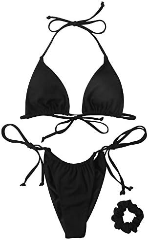 MOOSLOVER Women's Ribbed Tie Bikini Brazilian Cheeky Bottom String Swimsuit(S,Black-2)