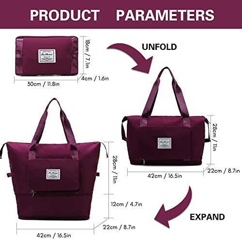 Image of HAKKU Large Capacity Folding Travel Bag, Travel Lightweight Waterproof Carry on Luggage Bags with Fixed Strap, Dry and Wet Separation Foldable Travel Duffel Bag for Women (Modern, Maroon)
