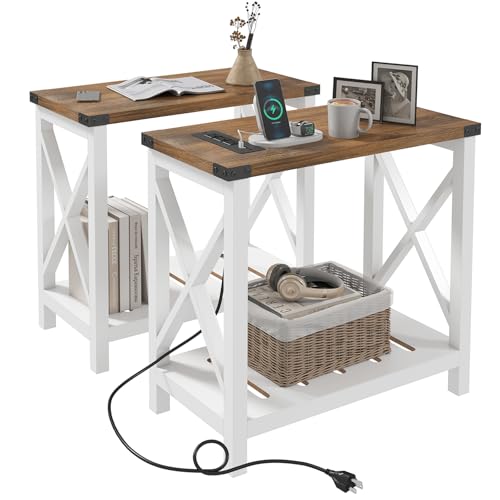 Hadulcet Farmhouse End Table Set of 2, Narrow Side Table with Charging Station, Slim Nightstand for Small Space, Skinny Bedside Table, Sofa Side Table with Open Storage Shelf, White & Brown