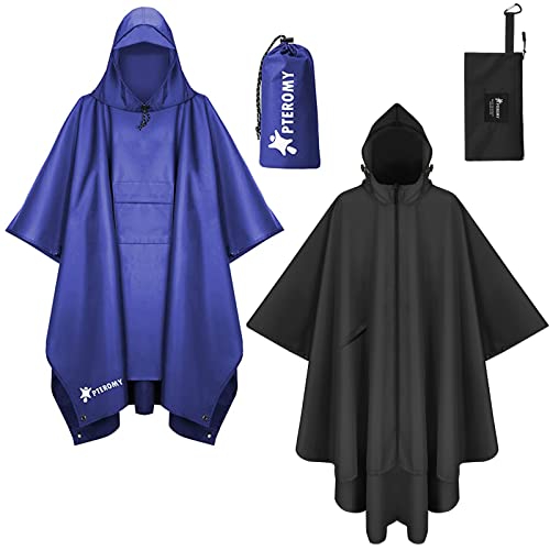 PTEROMY Hooded Rain Poncho with Pocket+Hooded Rain Poncho with Pocket and Zipper