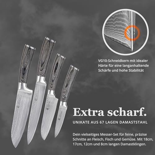 Foto von Wakoli EDIS 4-teiliges Küchenmesser Set aus Damaststahl (VG10 Kern) in edler Geschenkbox – Scharfes Damastmesser Set mit Pakkaholzgriffen – Messerset mit 2x Santoku, Fleischmesser & Officemesser