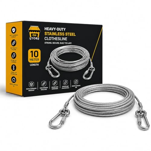 Image of Heavy Duty Clothes Drying Rope with Hooks, Stainless Steel Wire Clothesline for Balcony, Bathroom & Outdoor Use (10 Meter)