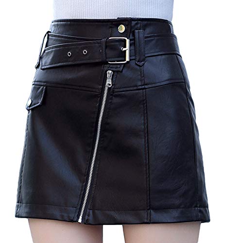 Itemnew ebossy Women's Cool Oblique Zip High-Waist Faux Leather Mini Skirt with Belt