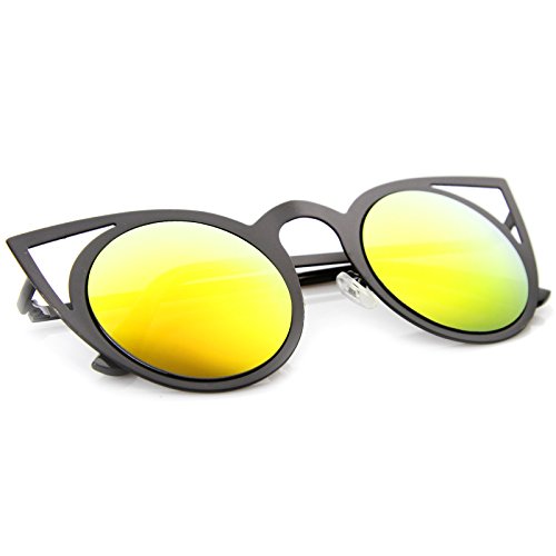 zeroUV Womens Fashion Round Metal Cut-Out Flash Mirror Lens Cat Eye Sunglasses4